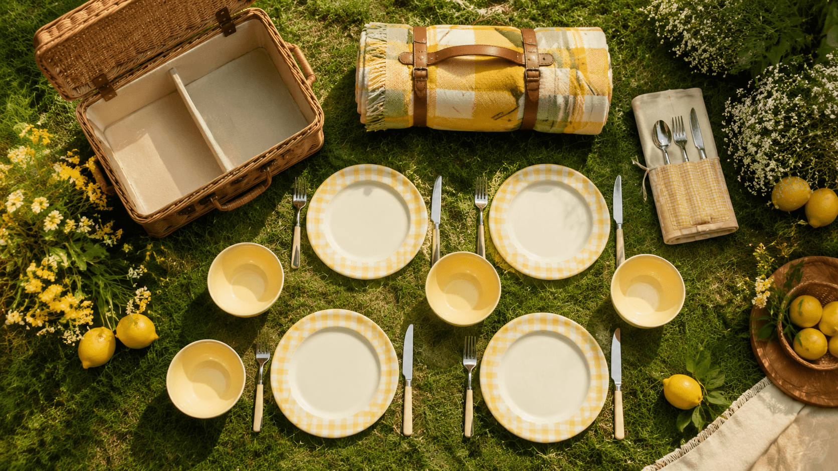 Outdoor tableware components arranged in a clear flat lay