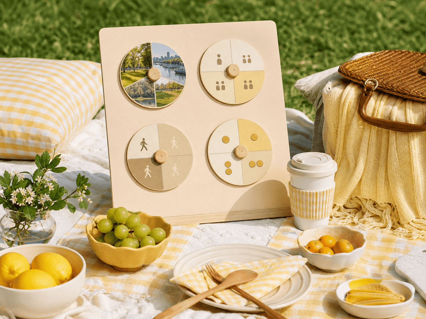 A four-step picnic planning board beside a packed outdoor basket